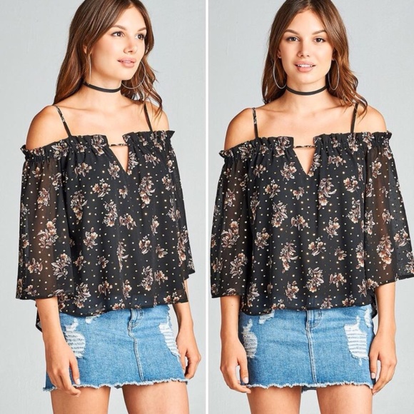 NEW Floral Off The Shoulder Chiffon Top | Black - Picture 1 of 5